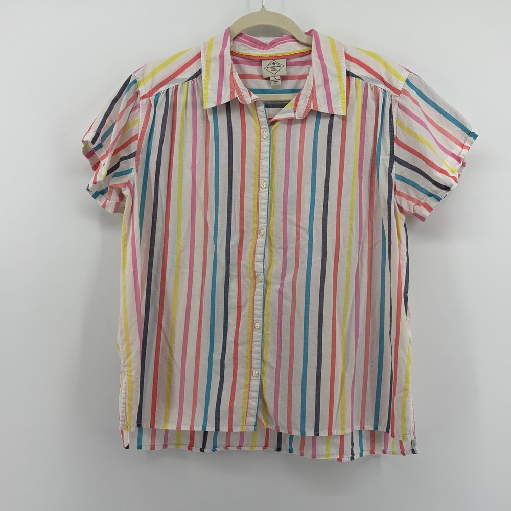 St Johns Bay Button Down Shirt Multicolor Size Large Short Sleeve Striped Cotton